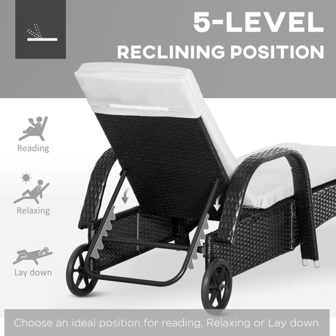 3 Piece Wicker Lounge Chair Set Outdoor Loungers With Armrests Cushion Headrest Side Table Wheel Black